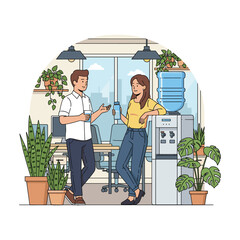 Happy colleagues chatting by water cooler in modern, plant-filled office.