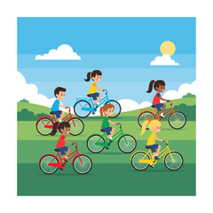 Happy diverse children riding bicycles in a sunny park, cheerful cartoon illustration.