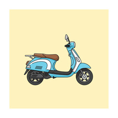 Light Blue Retro Scooter Illustration:  Side View, Clean Lines, Summer Vibe, Vector Graphic.