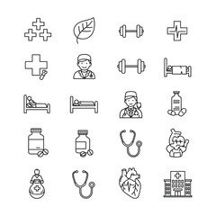 Healthcare Wellness Icons:  Medical, Fitness, and Hospital Line Art Graphics Set