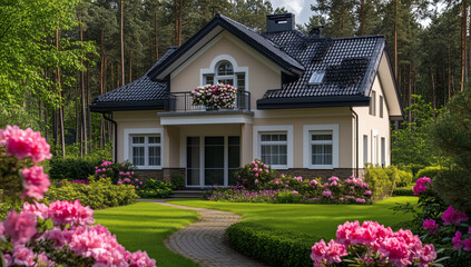 A two-story house with a dark tiled roof and a beige wall stands on a green lawn surrounded by pink flowers.