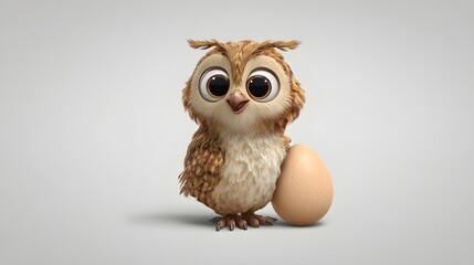 Cute cartoon owl character standing next to a large egg