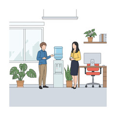 Modern Office Colleagues Casual Conversation by Water Cooler, Minimalist Line Art Style