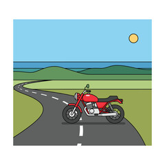 Red Classic Motorcycle on Winding Road, Sunny Day, Minimalist Vector Illustration