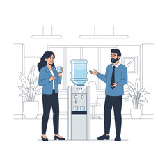 Modern Office Colleagues Casual Conversation Water Cooler Break Minimalist Line Art Illustration