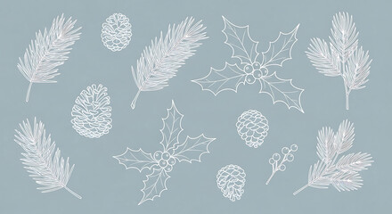 A Delicate winter botanical collection with white outline illustrations of pine branches, pine cones, holly leaves, and berries on a muted blue background for seasonal design