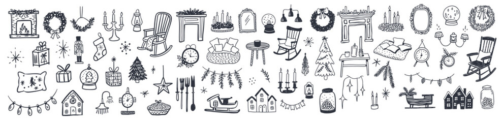 Fototapeta premium Charming Collection of Cozy Holiday Illustrations Featuring Festive Decorations, Vintage Accents, and Seasonal Symbolism for a Whimsical Winter Atmosphere
