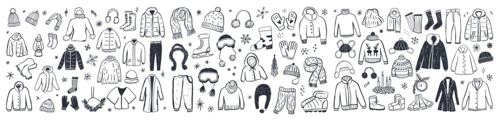 A Stylish Collection of Winter Apparel Illustrations Featuring Coats, Hats, Scarves, and Footwear Perfect for Staying Warm in the Cold Season © SVGSTORY