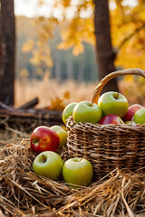 A wicker basket filled with fresh red apples and juicy dark grapes stands on soft hay