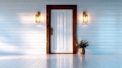 An inviting white door framed by warm wooden accents and elegant light fixtures creates a welcoming atmosphere, representing new beginnings and the allure of the unknown.