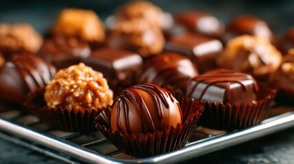 A tempting array of assorted gourmet chocolates, each uniquely crafted and beautifully presented, evokes indulgence and pleasure, making it a perfect treat for chocolate lovers.