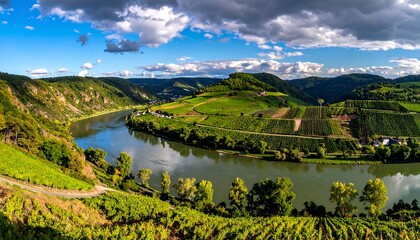 Obraz premium Panoramic view of a river winding through vineyards