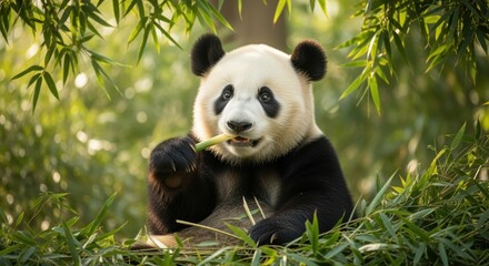 Obraz premium Giant panda sitting peacefully in lush bamboo forest, enjoying a fresh bamboo shoot. The adorable bear displays its iconic black and white fur pattern while surrounded by vibrant green foliage.