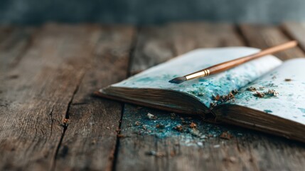 An open book rests on a rustic wooden table, featuring splashes of blue paint and a paintbrush, showcasing creativity and artistic expression in a serene environment.