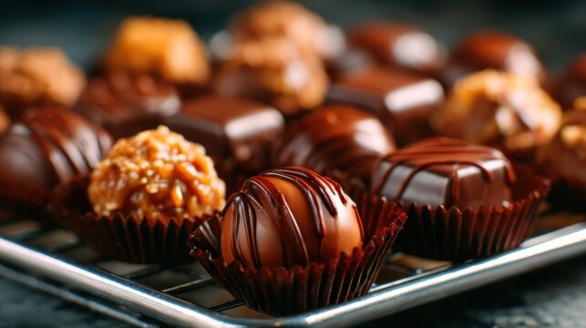 A tempting array of assorted gourmet chocolates, each uniquely crafted and beautifully presented, evokes indulgence and pleasure, making it a perfect treat for chocolate lovers.