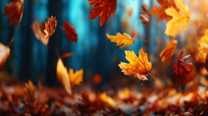 In a breathtaking forest scene, vibrant autumn leaves gracefully fall to the ground, capturing the essence of nature's fleeting beauty and the transition of seasons.