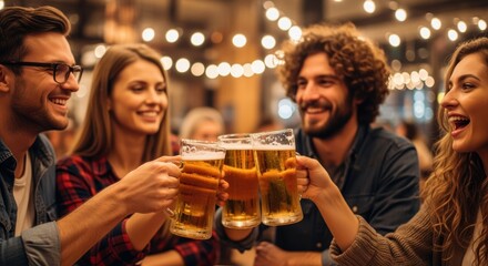 Group of happy friends toasting with beer glasses in cozy pub atmosphere. Four young adults celebrating together, clinking golden beer mugs with warm string lights creating festive ambiance.