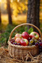 A wicker basket filled with fresh red apples and juicy dark grapes stands on soft hay