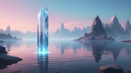 Ethereal fantasy landscape featuring a giant glowing crystal monolith emerging from the tranquil waters of a mountain lake at dawn