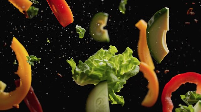Fresh vegetables exploding on pure black background