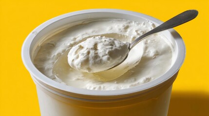 White plastic dahi yogurt bucket with a spoon showing creamy yogurt on a bright yellow background