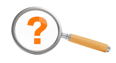 Magnifying glass with orange question mark isolated on transparent background, symbol of searching and finding answers PNG