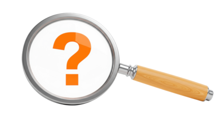 Magnifying glass with orange question mark isolated on transparent background, symbol of searching and finding answers PNG