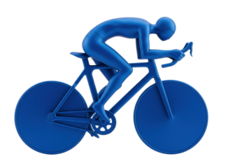 Blue cyclist figurine isolated on transparent background, monochrome bicycle sculpture for decoration and design element