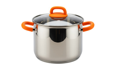Stainless steel cooking pot with glass lid and orange handles isolated on white, kitchenware for cooking and food preparation