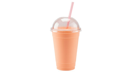 Peach smoothie in clear plastic cup with dome lid and straw isolated, refreshing summer drink on no background © Noah