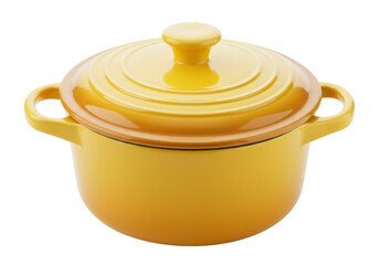 Yellow enameled cast iron cocotte with lid isolated, small cooking pot for soup and stew on no background