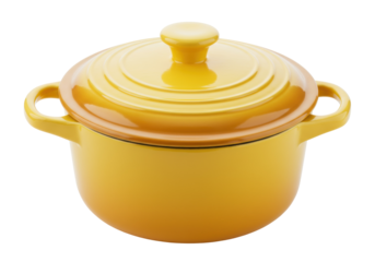 Yellow enameled cast iron cocotte with lid isolated, small cooking pot for soup and stew on no background