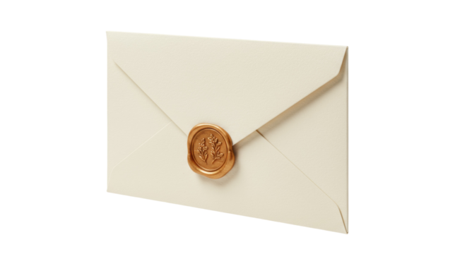 Elegant ivory envelope with golden wax seal isolated, stationery for invitations and special occasions PNG