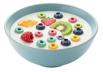Colorful breakfast cereal with fruit in a blue bowl isolated, healthy morning meal with milk and fruit loops for kids PNG
