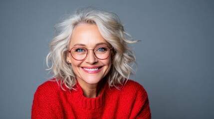 A joyful older woman smiles warmly while wearing round glasses, showcasing her bright personality against a neutral background that highlights her cheerful demeanor.
