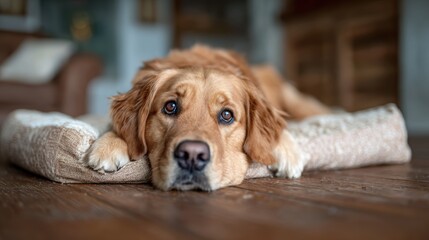 A serene golden retriever lying on its plush dog bed, exuding warmth and cuteness, embodying loyalty and companionship in a comforting home environment.