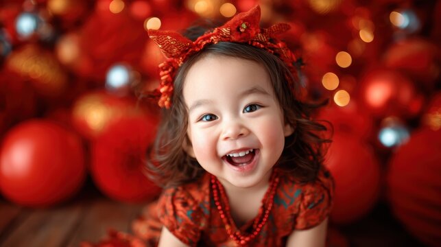 A joyful child wearing a vibrant red outfit, surrounded by festive holiday decorations, capturing the essence of innocence, happiness, and celebration during a cheerful season.