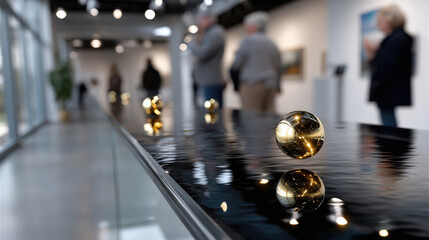 A striking display showcases reflective gold orbs on a glossy surface, enhancing the modern aesthetic of the art gallery with artistic flair.