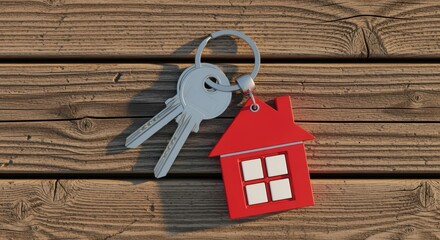 Metal keys on keyring with red house-shaped keychain on rustic wooden surface. Silver keys cast shadows on weathered wood planks with visible grain. Perfect for real estate concepts.