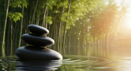 Obraz premium Three smooth dark stones balanced in zen stack emerge from tranquil water with gentle ripples. Bamboo forest backdrop and warm golden sunlight create serene atmosphere for meditation and wellness.