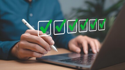 Digital checklist concept, Survey form, online quality assessment, and filling out digital form checklist. Businessman makes mark on the survey topic.