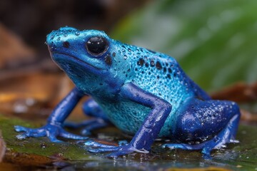 Fototapeta premium Close-Up of a Vibrant Blue Poison Dart Frog in Its Exotic Amazon Rainforest Habitat