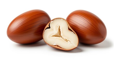 Fresh argan nuts on white background showing natural brown shells and creamy interior. One cracked nut reveals smooth kernel inside. Ideal for health food packaging and skincare.