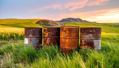 Rusty barrels in a golden field at sunset