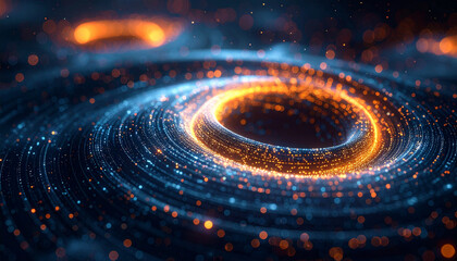 An abstract image showcases digital particle circles with noise and bokeh effects, representing data flow or technological patterns.
