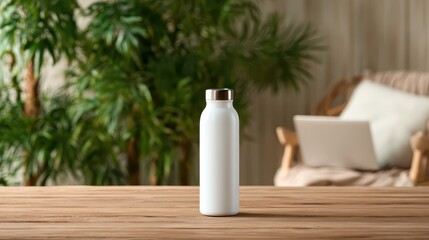 This sleek image depicts a modern white water bottle resting on a wooden table in a serene setting complete with lush plants in the background, emphasizing eco-friendly choices.