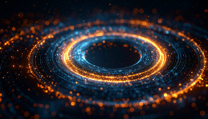 An abstract image showcases digital particle circles with noise and bokeh effects, representing data flow or technological patterns.
