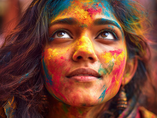 Close-up of a woman’s face covered in vibrant Holi powders, her upward gaze reflecting joy, freedom and unity at the spring color festival.