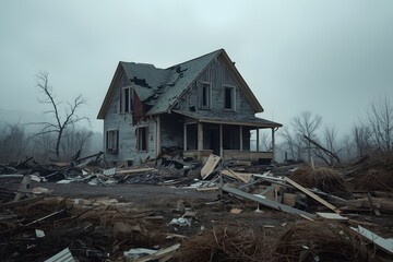 House damaged by disaster. Scenery for cinema