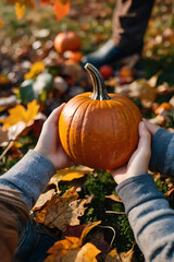 Children's hands carefully hold a small bright orange pumpkin, as if they had found a treasure